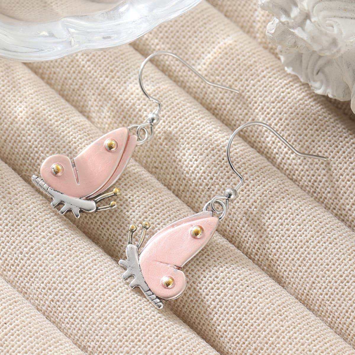 Light Pink Enamel Butterfly Dangle Earrings for Women